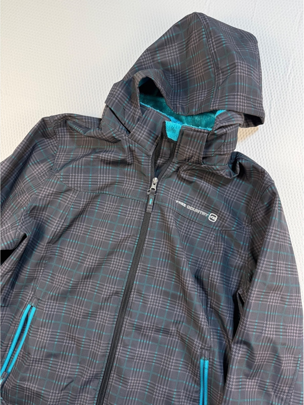 Free Country Womens 1X Plaid Softshell Jacket Teal Faux Fur Hood Gorpcore
